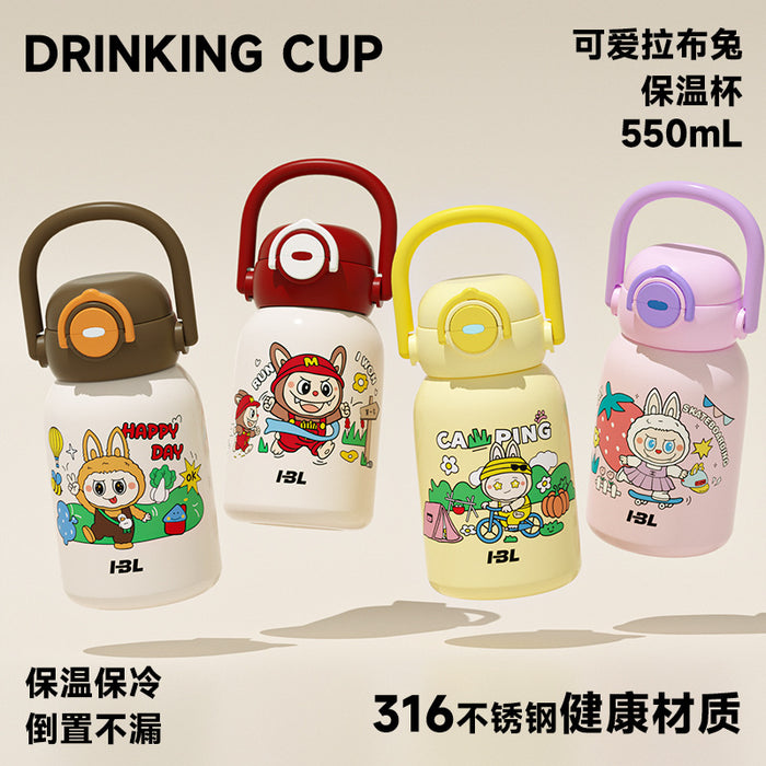 Wholesale New 316 Stainless Steel Cartoon Children' s Thermos Cup with Double Drinking Straw,  Cute Student Portable Cup with Handle