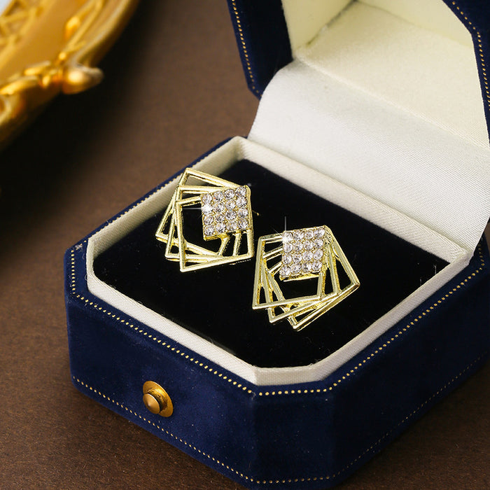 Wholesale Geometric block studded diamond earrings, simple, fashionable, personalized, versatile earrings and accessories