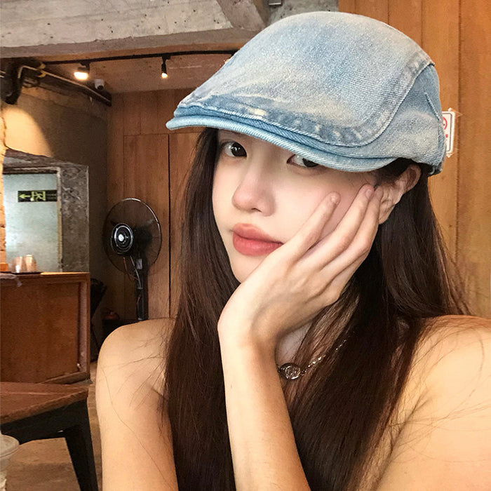 Wholesale Retro washed denim front versatile reverse ducktongue beret hat