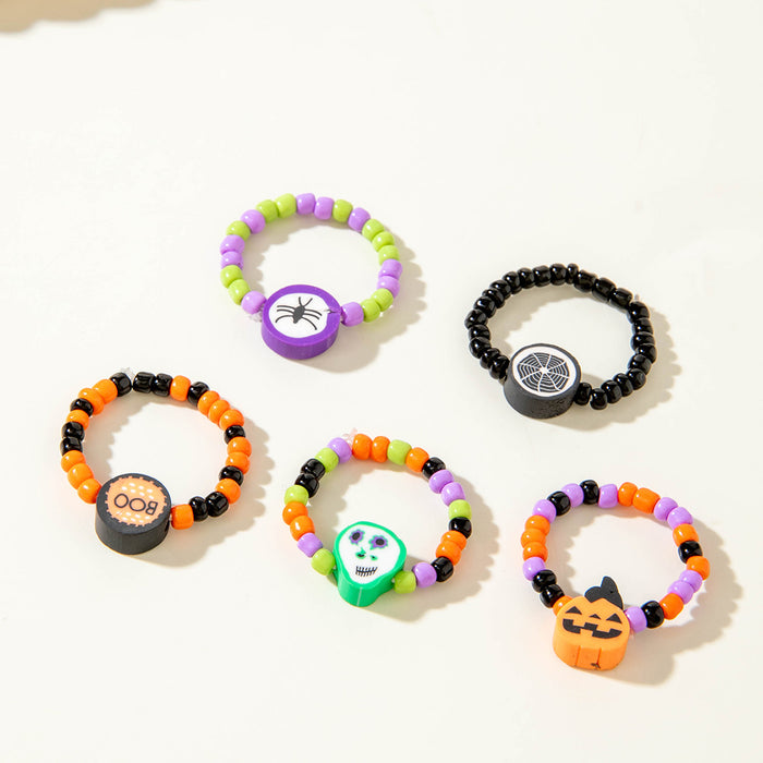 Wholesale Resin  Pumpkin Beaded Ring Set - Funny Skull  Design Unisex Fashion Accessory MOQ≥2
