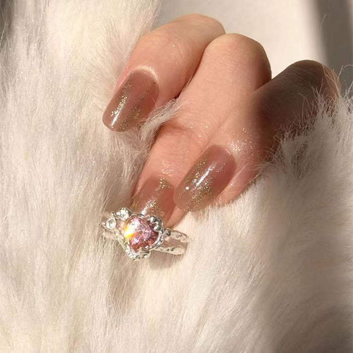 Wholesale Zinc alloy heart shaped zircon ring with tin foil texture open design double-layered index finger ring