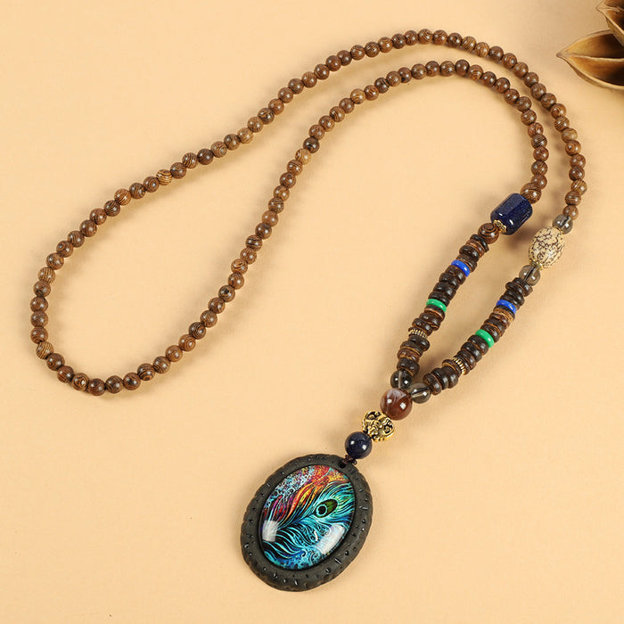 Wholesale Long Cotton and Linen Accessories Wooden Pendant Buddhist Beads Necklace JDC-NE-Luox003