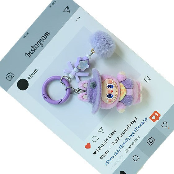 Wholesale Flocked denim car keychain doll jewelry pendant small fur ball cute grain pendant gift