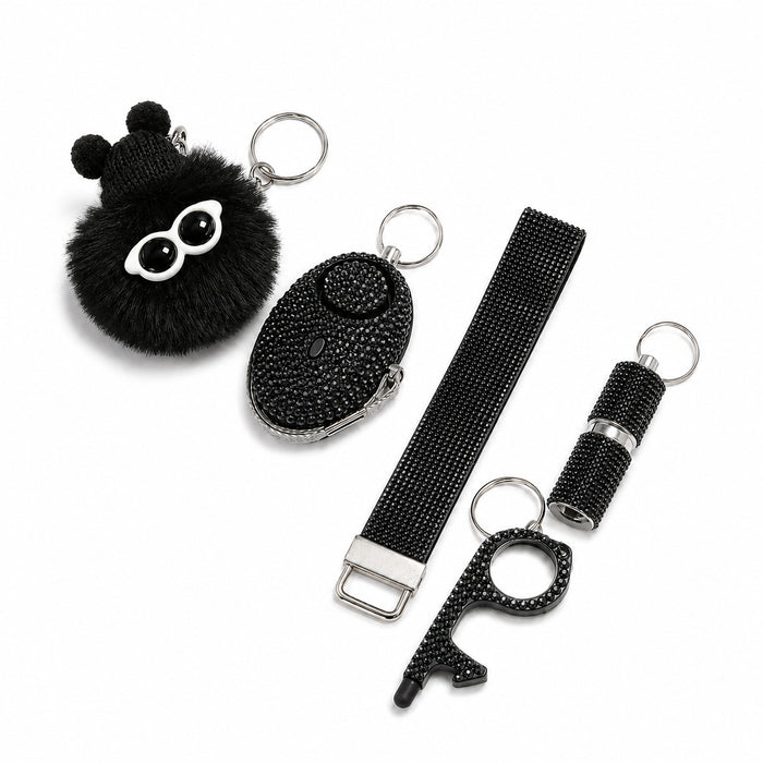 Wholesale Simple Style Alloy Self Defense Alarm Keychain With Wrist Strap And Pom Pom Black Decorative Accessory For Resale