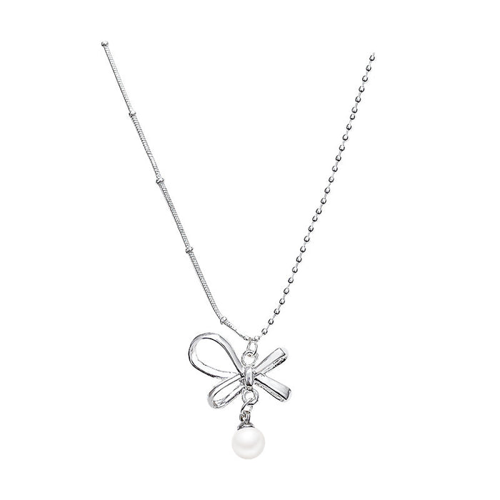 Wholesale New bow pearl pendant necklace with gentle and elegant temperament, light luxury and versatile collarbone chain