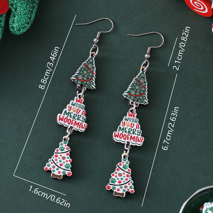 Wholesale Christmas Color Dog Claw Christmas Tree Plaid Snowflake Triple Pendant Earrings Wooden Double-sided Earrings
