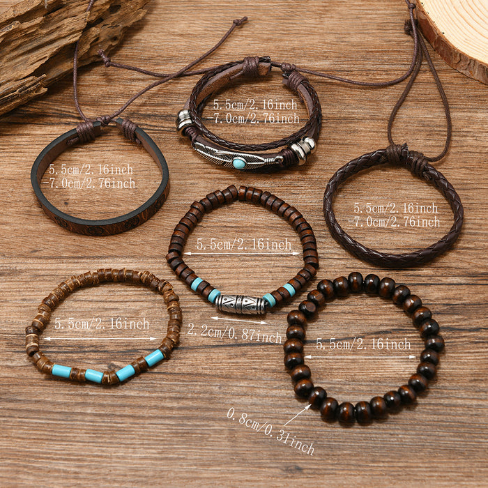 Wholesale New Retro Style Wooden Bead Bead Bead Retro Flower Bull Head Eye Feather Multi Layer DIY 6-piece Set Men's Bracelet