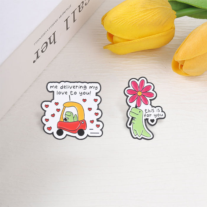 Wholesale Me Delivering My Love Cute Dinosaur Brooch Flowers Design Zinc Alloy Pin