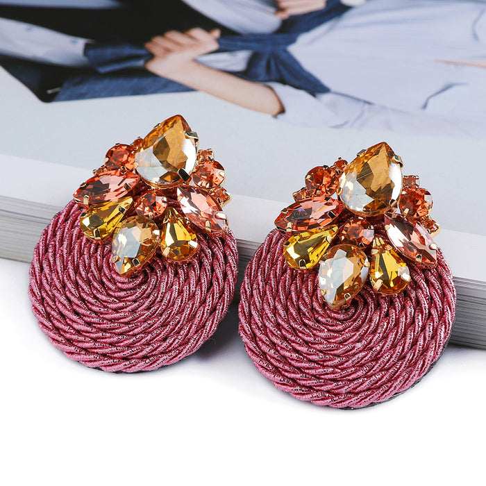 Wholesale Fashionable hand woven rope with circular inlaid colorful crystal earrings, elegant earrings and jewelry