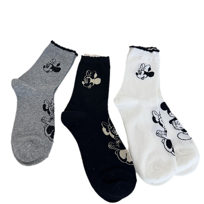 Wholesale Pure Cotton Black Mickey Socks Women's Mid-tube Socks Spring and Autumn All-match Cute Cartoon Ins Fashionable Socks