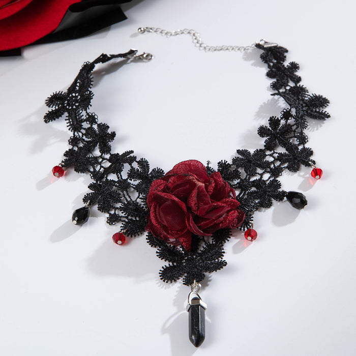 Wholesale Gothic Geometric Pendant Necklace Red Lace Fashion Accessory Jewelry Gift MOQ≥500