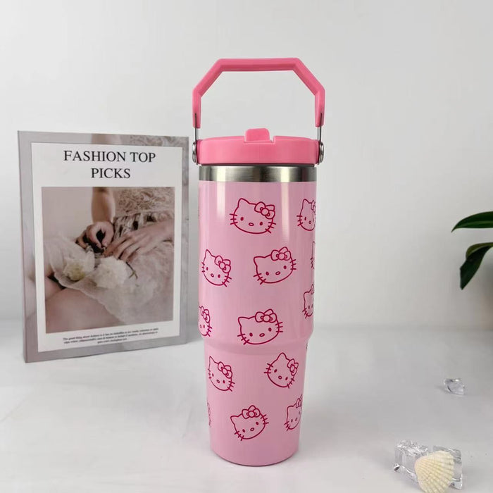 Wholesale Stainless steel ice cup cartoon pattern thermos cup large capacity portable handle car cup