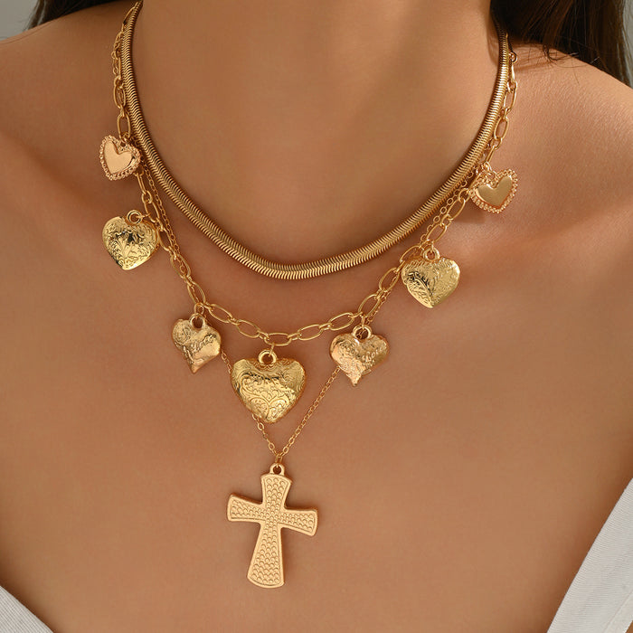 Wholesale Personalized cross pendant necklace, layered with heart-shaped collarbone chain, light luxury niche accessory