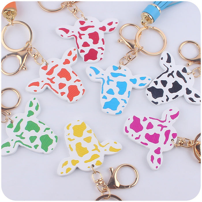 Wholesale Cartoon Western Bull Head Wooden Pendant Creative Colorful Long Tassel Key Ring Pendant