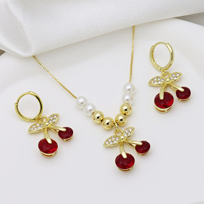 Wholesale Cherry Fruit with Color Zirconium Earrings Necklace Combination suit Copper Beads with Pearl