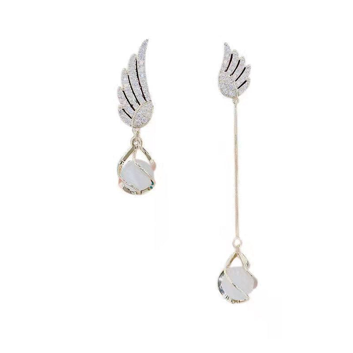 Wholesale Trendy AB asymmetrical diamond studded wing tassel cat eye stone earrings with atmospheric and exquisite earrings