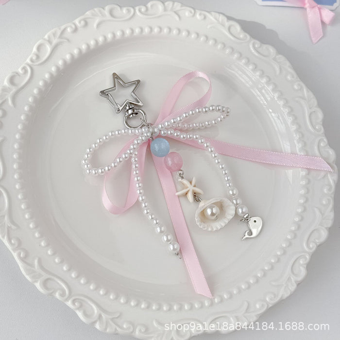 Wholesale Pink Ribbon Bow Bag Hanging Pearl Shell Keychain Pendant Exquisite Hanging