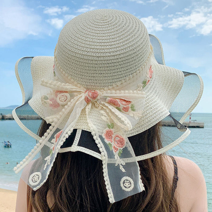 Wholesale Flower ribbon sun hat, sun hat, large brim straw hat