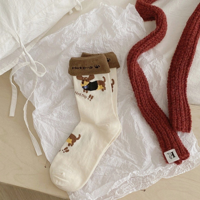 Wholesale Small dog embroidery, tube socks with folded edges, vertical stripes, stacked socks, cute and niche socks for children