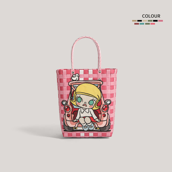 Wholesale  Plastic Woven Handbag Black Leather  Woven Vegetable Basket Handbag Handmade Bag