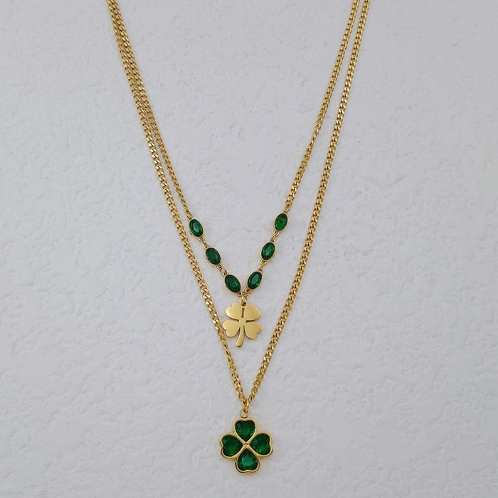 Wholesale Titanium Steel Green Zircon Flower Double Layer Lucky Clover Necklaces JDC-NE-Yiran010