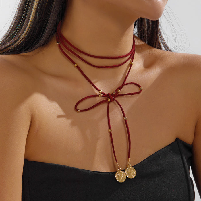 Wholesale Vintage Red Bow Layered Choker Necklace with Metal Round Pendant