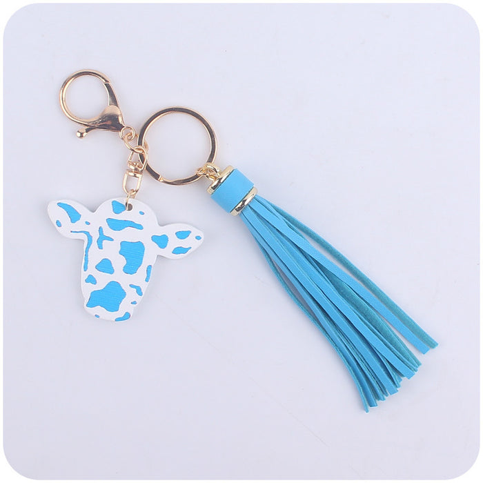Wholesale Cartoon Western Bull Head Wooden Pendant Creative Colorful Long Tassel Key Ring Pendant