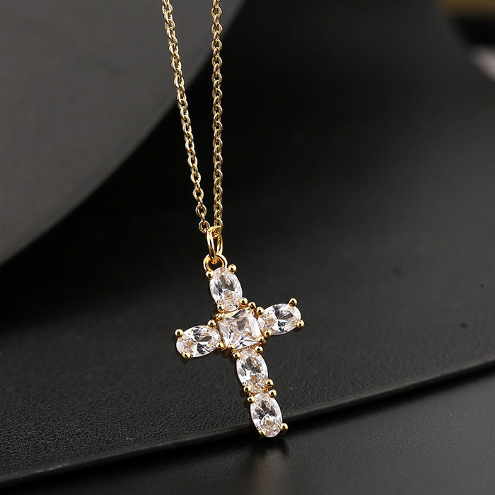 Wholesale Copper Inlaid Zircon Cross Pendant Necklace JDC-NE-ShangY035