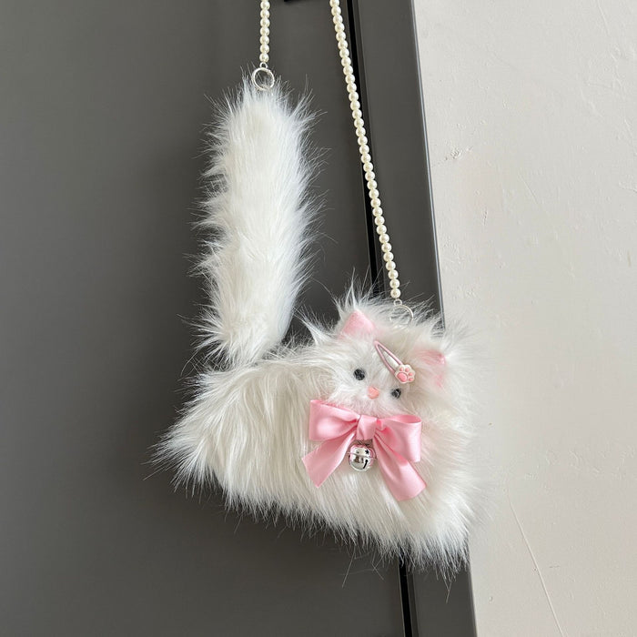 Wholesale Cute girl plush bow cat crossbody plush small bag
