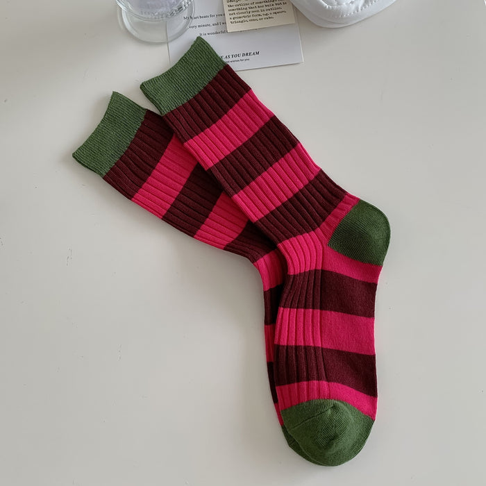 Wholesale Thick thread double needle socks, mid tube socks, striped retro niche socks