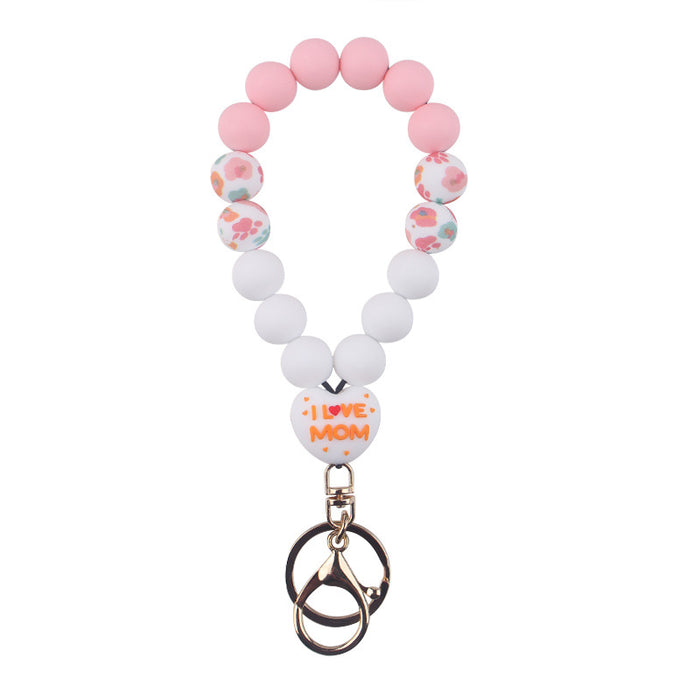 Wholesale Mother' s Day Silicone Wrist Keychain Pendant Love Silicone Beaded Bracelet Key Ring Accessories