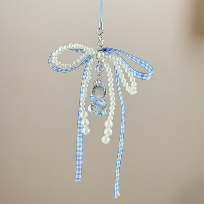 Wholesale Ribbon Bow Mobile Phone Chain Cute Bear Bag Hanging Jewelry Beaded Keychain