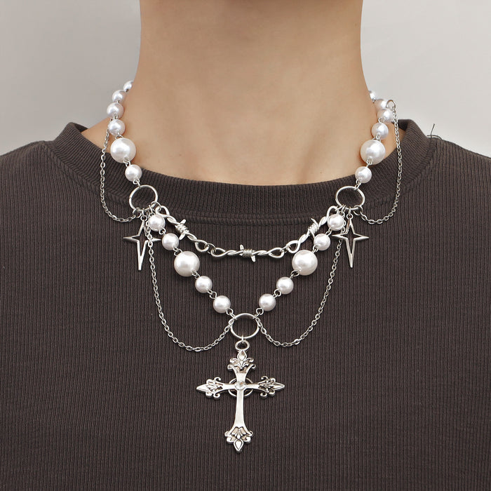 Wholesale Niche design double-layer high-gloss pearl tassel cross star cross necklace for women