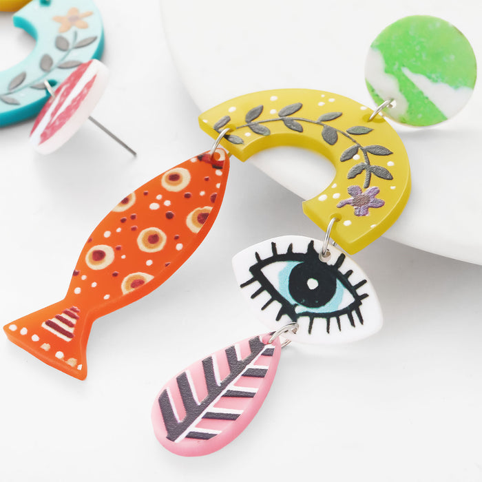 Wholesale environmentally friendly acrylic earrings personality fish eyes leaf printing vintage earrings