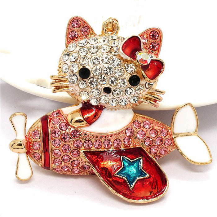 Wholesale cartoon airplane cat pendant cute  diamond-encrusted  keychain wholesale creative small gift pendant