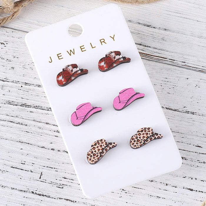Wholesale Western style leopard print cow pattern turquoise pattern cowboy hat earring set wooden earrings gift