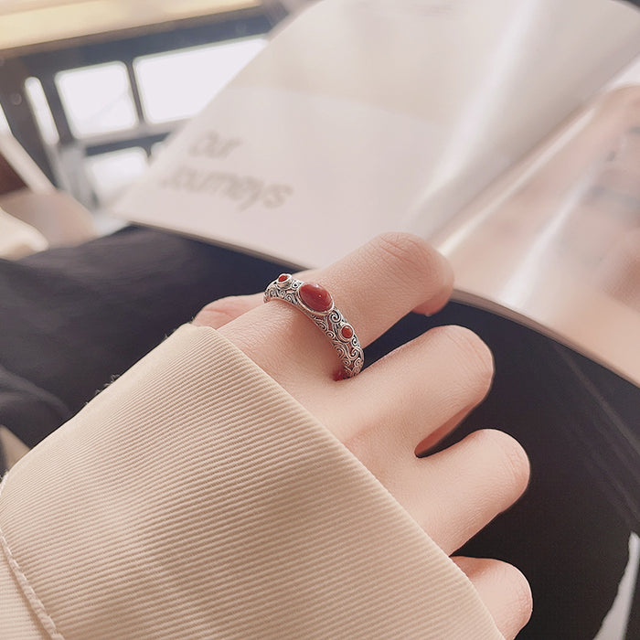 Wholesale Pure silver hollow inlaid agate ring, vintage artistic ring