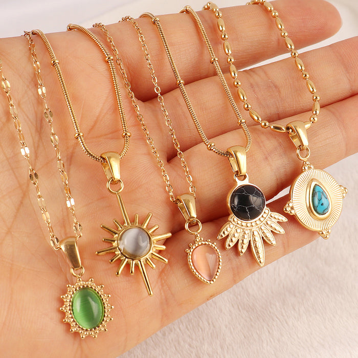 Wholesale Natural Stone Pendant Necklace Stainless Steel Turquoise Sun Pendant Clavicle Chain