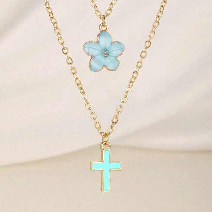 Wholesale Drip Oil Cross Flower Pendant Necklace Layered Collar Chain Necklace