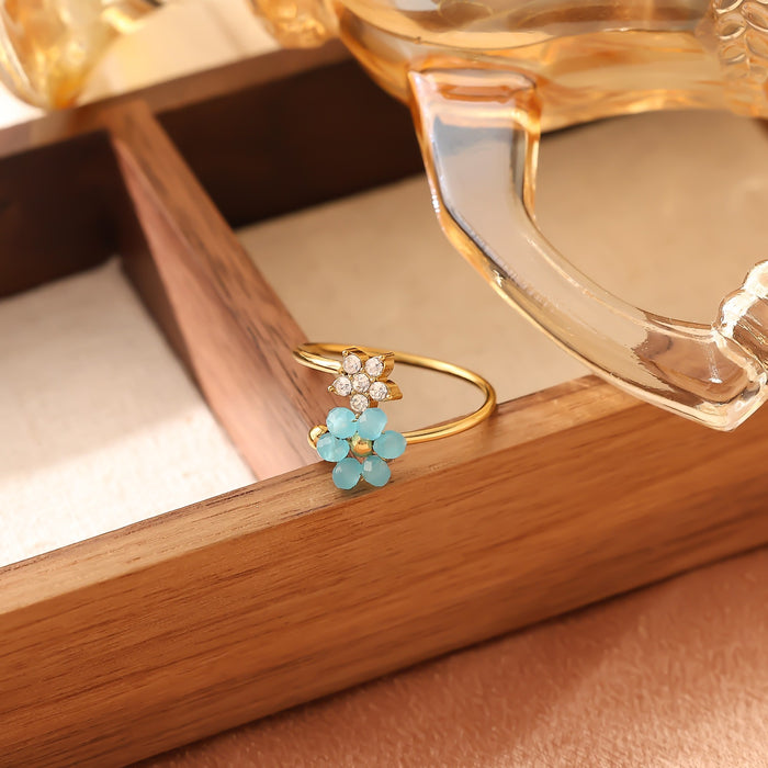 Wholesale Fashionable stainless steel natural stone flower zircon design light luxury high-end non fading open titanium steel ring