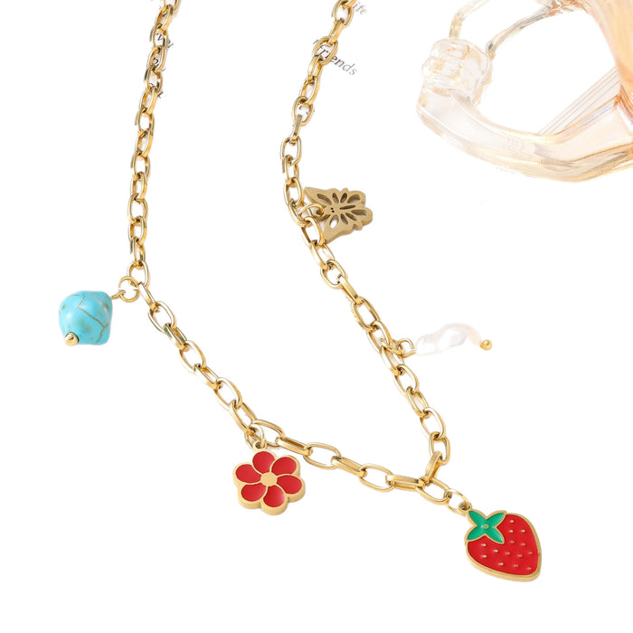 Wholesale Fashionable Retro New Blue Turquoise Colorful Petal Flower Accessories Drip Oil Hanging Titanium Steel Pendant Necklace