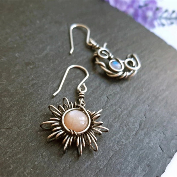 Wholesale Retro Sun Moon Earrings Moonstone Asymmetric Sun Moon Earrings