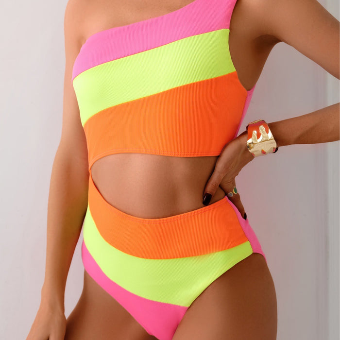Wholesale New color blocking bikini swimsuit with a feminine feel, featuring an open waist and sloping shoulders one-piece swimsuit