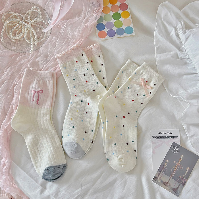 Wholesale Polka dot socks with bow tie, polka dot mid tube socks, thin and breathable, college style cotton socks