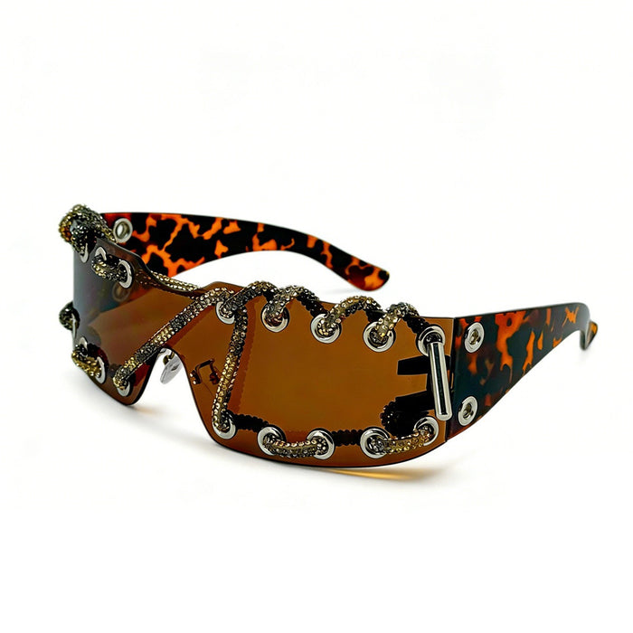 Wholesale Cyberpunk Rimless Rhinestone Sunglasses with Metal Rings and Rivets