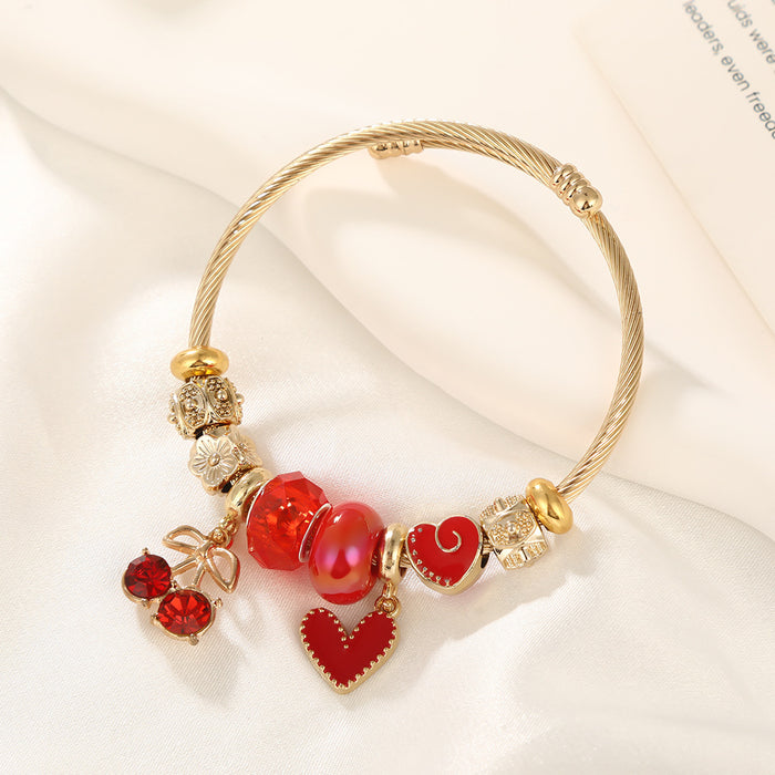 Wholesale Sweet Cherry Heart Bead Bracelet Women' s Stainless Steel Adjustable MOQ≥2