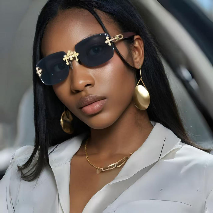 Wholesale New Cross Diamond Borderless Sunglasses with High Quality Wood Texture Leg Sunglasses for Women's Fashion Sunglasses