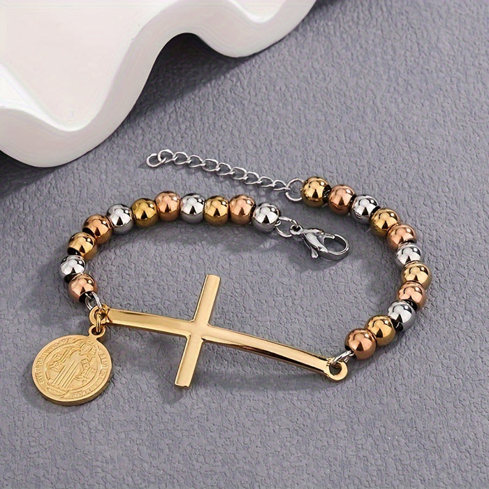 Wholesale Stainless steel round bead bead string bracelet with cross hanging tag