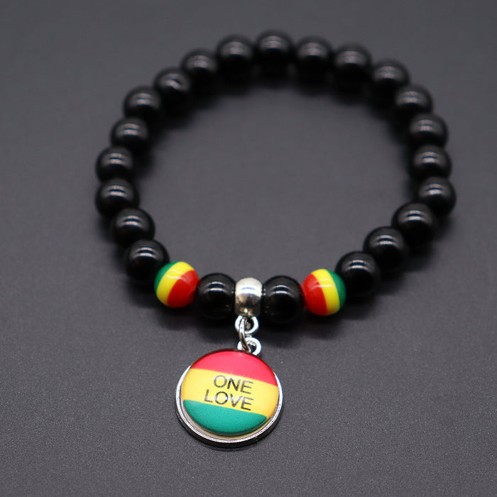 Wholesale Yellow Green Red Black Jamaica Stretch Bracelet Letter Resin Black Gallstone Wooden Beads Jamaica