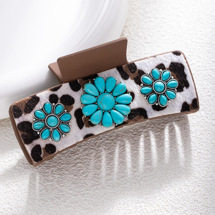 Wholesale Bohemian Turquoise Western Grabber Retro Leopard Sequin Leather Ethnic Style Shark Clip
